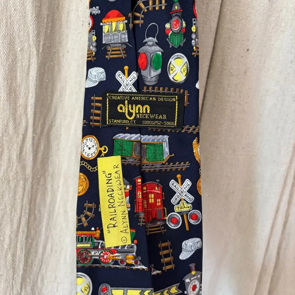 Alynn Neckwear 100% Silk Tie Navy Blue‎ Railroad Train Theme Novelty USA Made